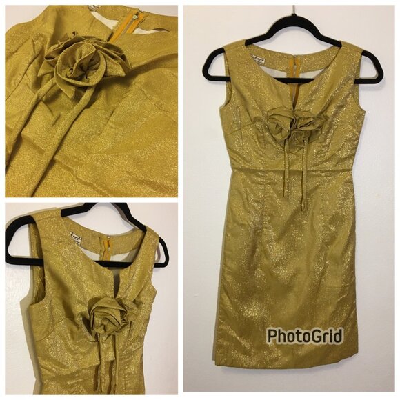 Vintage 60s Gold Metallic Cocktail Wiggle Dress Christmas Holiday  Glam NYE (1) - Picture 1 of 16